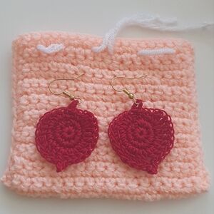 Elegant Red Crochet Heart Earrings With Pouch